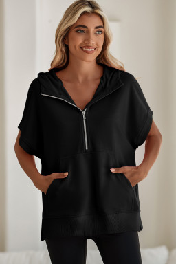 Black Half Zipper Kangaroo Pocket Short Sleeve Hoodie