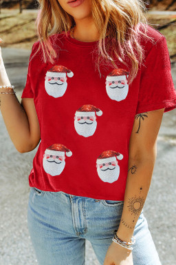 Red Sequin Christmas Claus Pattern Patch Application Crewneck T Shirt