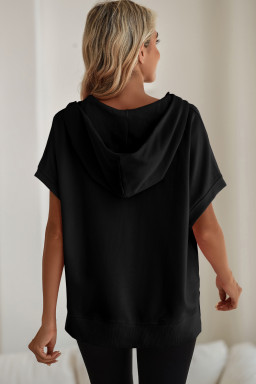 Black Half Zipper Kangaroo Pocket Short Sleeve Hoodie