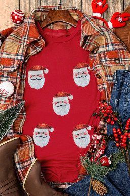 Red Sequin Christmas Claus Pattern Patch Application Crewneck T Shirt