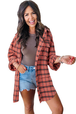 Red Plaid Long Sleeve Distressed Hem Shirt Shacket