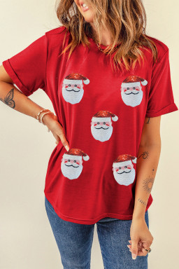 Red Sequin Christmas Claus Pattern Patch Application Crewneck T Shirt