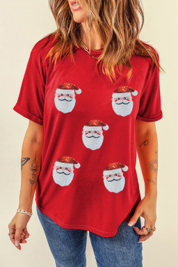 Red Sequin Christmas Claus Pattern Patch Application Crewneck T Shirt