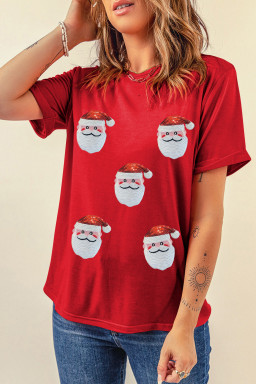 Red Sequin Christmas Claus Pattern Patch Application Crewneck T Shirt