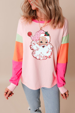 Pink Casual Colorblock Santa Claus Graphic Sweatshirt