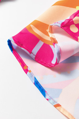 Pink Abstract Print Ruffle Sleeve Buttoned V Neck Blouse