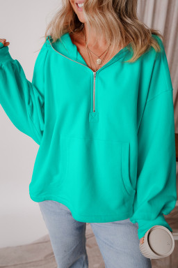 Aruba Blue Half Zipper Kangaroo Pockets Drop Shoulder Hoodie