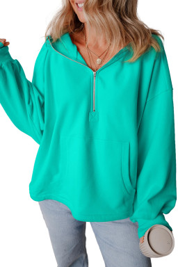 Aruba Blue Half Zipper Kangaroo Pockets Drop Shoulder Hoodie