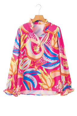 Pink Abstract Print Ruffle Sleeve Buttoned V Neck Blouse