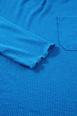 Blue V-Neck Pocketed Ribbed Dolman Top