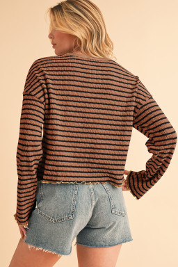 Brown Stripe Textured Long Sleeve Henley Top