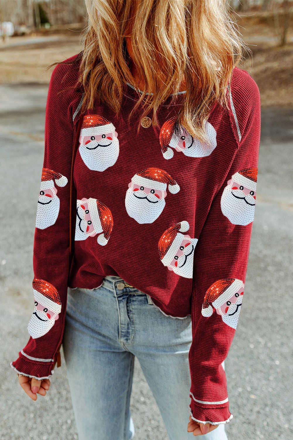 Red Sequin Santa Claus Graphic Patch Application Sweatshirt