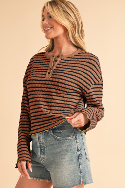 Brown Stripe Textured Long Sleeve Henley Top