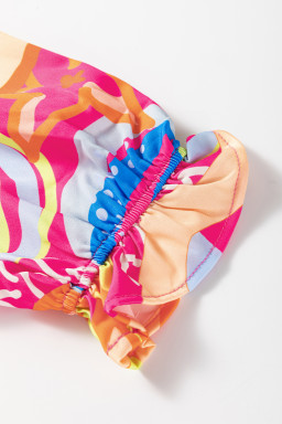 Pink Abstract Print Ruffle Sleeve Buttoned V Neck Blouse