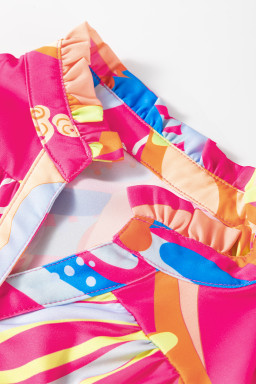 Pink Abstract Print Ruffle Sleeve Buttoned V Neck Blouse