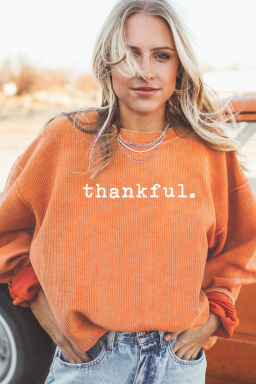 Orange thankful Letter Heat Transfer Printing Ribbed Crew Neck Thanksgiving Sweatshirt