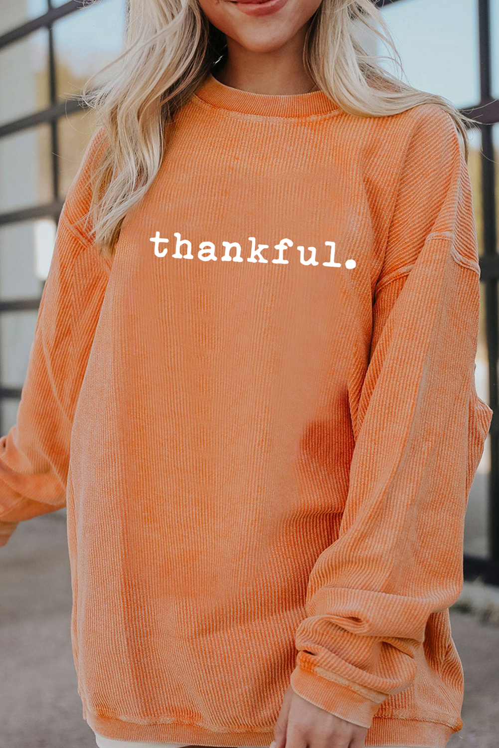 Orange thankful Letter Heat Transfer Printing Ribbed Crew Neck Thanksgiving Sweatshirt