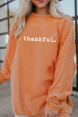 Orange thankful Letter Heat Transfer Printing Ribbed Crew Neck Thanksgiving Sweatshirt