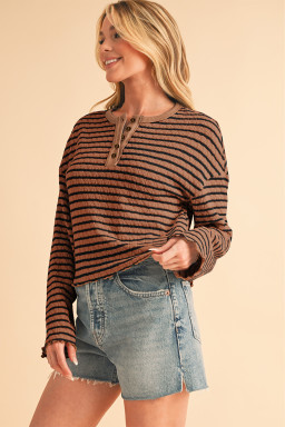 Brown Stripe Textured Long Sleeve Henley Top