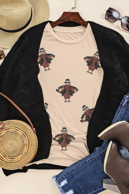 Khaki Turkey Sequin Patch Application Round Neck Graphic Tee