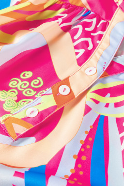 Pink Abstract Print Ruffle Sleeve Buttoned V Neck Blouse