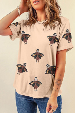 Khaki Turkey Sequin Patch Application Round Neck Graphic Tee