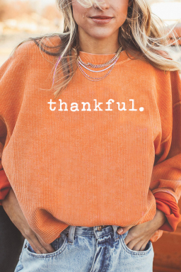 Orange thankful Letter Heat Transfer Printing Ribbed Crew Neck Thanksgiving Sweatshirt