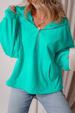Aruba Blue Half Zipper Kangaroo Pockets Drop Shoulder Hoodie