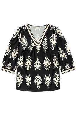Black Ethnic Abstract Print Puff Sleeve V Neck Blouse