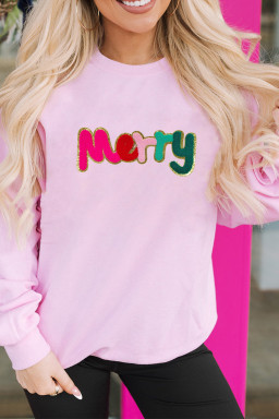 Pink Merry Christmas Round Neck Graphic Sweatshirt