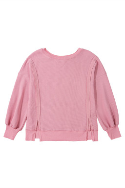 Pink Waffle Bishop Sleeve Split Oversized Sweatshirt