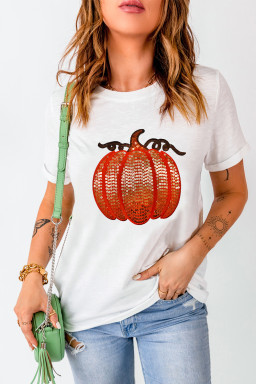 White Sequined Halloween Thanksgiving Pumpkin Graphic Tee