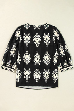 Black Ethnic Abstract Print Puff Sleeve V Neck Blouse