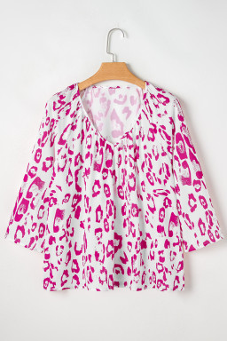 Rose Leopard Print V Neck 3/4 Sleeve Blouse