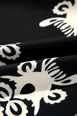 Black Ethnic Abstract Print Puff Sleeve V Neck Blouse