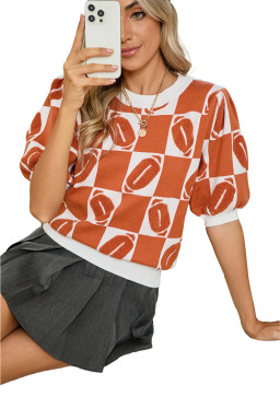 Orange Rugby Checkered Color Block Puff Sleeve Knit Top
