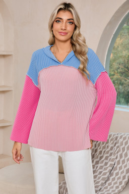 Pink Color Block Patchwork Corded Ribbed Loose Fit Hoodie