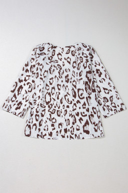 Khaki Leopard Print V Neck 3/4 Sleeve Blouse
