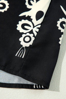 Black Ethnic Abstract Print Puff Sleeve V Neck Blouse