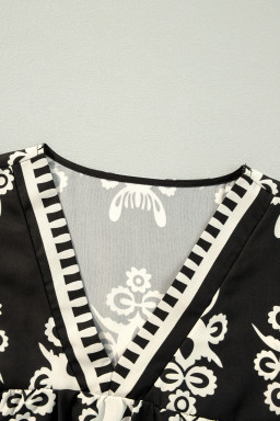 Black Ethnic Abstract Print Puff Sleeve V Neck Blouse