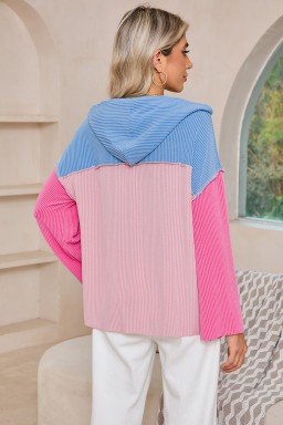 Pink Color Block Patchwork Corded Ribbed Loose Fit Hoodie