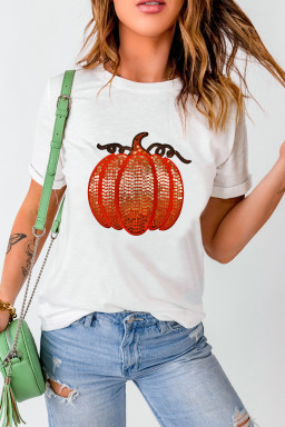 White Sequined Halloween Thanksgiving Pumpkin Graphic Tee