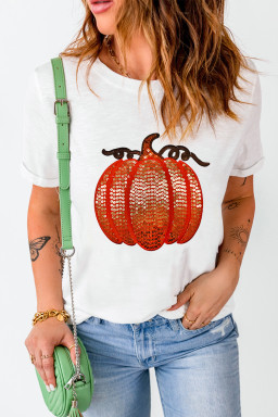 White Sequined Halloween Thanksgiving Pumpkin Graphic Tee