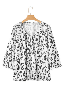 Black Leopard Print V Neck 3/4 Sleeve Blouse