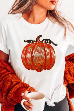 White Sequined Halloween Thanksgiving Pumpkin Graphic Tee