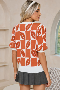Orange Rugby Checkered Color Block Puff Sleeve Knit Top