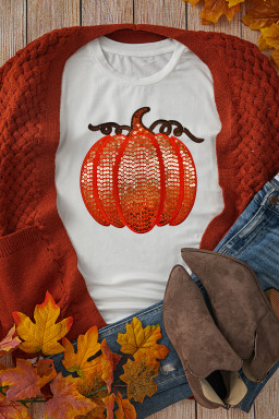 White Sequined Halloween Thanksgiving Pumpkin Graphic Tee