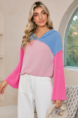 Pink Color Block Patchwork Corded Ribbed Loose Fit Hoodie