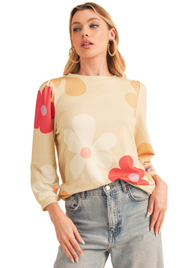 Apricot 60s Flower Print Ruched Bracelet Sleeve Top