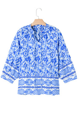 Blue Boho Abstract Print 3/4 Sleeve Tie Neck Blouse